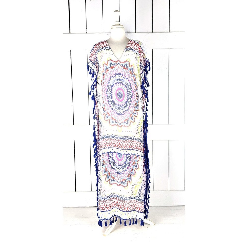 Sheer lightweight colorful tribal print fringe tassel caftan dress cover up